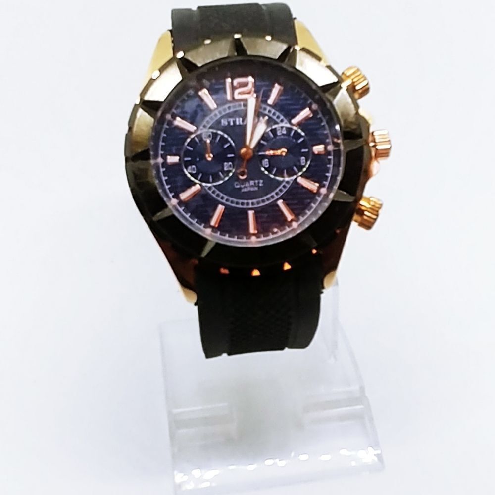 STRADA Watch ION Plated RG Silicone Band Black